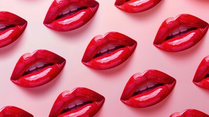 Poster - Bright red glossy lips form a striking, repetitive pattern on a soft pink background, creating a captivating visual appeal and allure