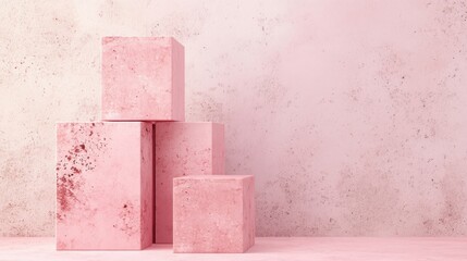 Poster - Four pink geometric cubes arranged in a minimalist style against a soft textured pink backdrop create a calming atmosphere