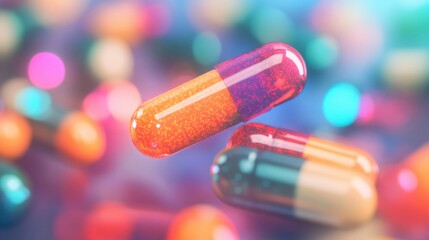 Fototapete - Capsules float softly amid a sparkling atmosphere filled with bright, colorful bokeh lights, creating a whimsical visual experience