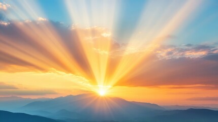 Wall Mural - vibrant clouds reflect rich colors as sunlight cascades over distant mountains during a stunning sun
