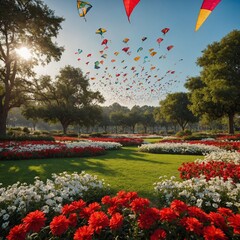 A vibrant park filled with colorful kites flying above red and white flower beds.