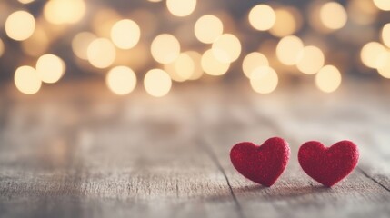 Poster - Two red hearts rest on a rustic wooden surface, surrounded by soft bokeh lights, enhancing the romantic setting perfect for celebrations