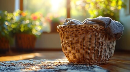 Wall Mural - Wicker basket with towels on wood floor, sunlit window with plants behind