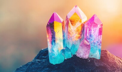 Poster - A stunning cluster of colorful crystals sits atop a black rock, reflecting hues of purple, blue, and pink during a serene sunset