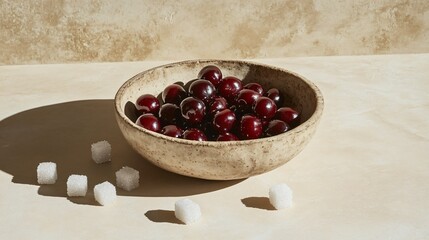 Parisian-style cherries in a rustic ceramic bowl, surrounded by tiny sugar cubes, isolated on beige