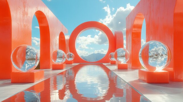 Orange arches, glass spheres, and reflecting pool create a surreal, minimalist landscape against a blue sky.