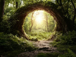 Canvas Print - Ethereal Forest Pathway Through Naturally Formed Archway of Trees Smooth Ground Covered with Lush Green Foliage Light Rays