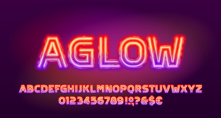 Aufkleber - Aglow alphabet font. Bright glowing letters and numbers. Stock vector typescript for your design.
