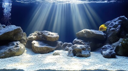 Poster - Underwater scene with rocks, sand, and fish.