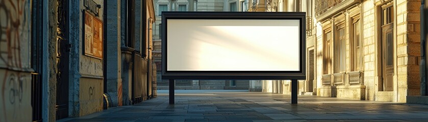 Leinwandbilder - Empty urban billboard in historical architecture setting with soft evening light illuminating street and buildings in background, ideal for advertising displays