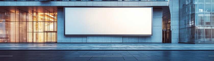 Poster - Empty billboard on a modern city street showcasing urban architecture and glass buildings, ideal for advertising or marketing campaigns in a vibrant setting