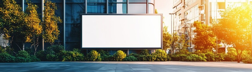 Poster - Blank Outdoor Billboard Surrounded by Modern Architecture and Lush Greenery in Bright Evening Light