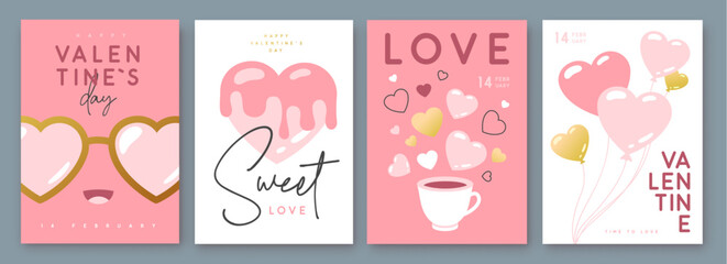 Wall Mural - Set of Happy Valentines Day greeting cards, covers or posters with love hearts in modern style. Valentine background. Flat design. Vector illustration