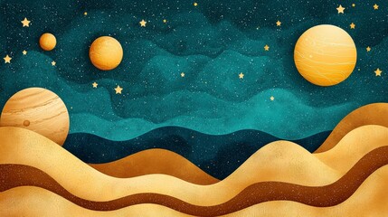 Poster - Abstract illustration of planets and waves in desert landscape featuring starry night sky and cosmic elements