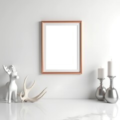 Rose gold frame mockup with candles and decorative accents. Perfect for showcasing artwork or designs in a minimalist, modern setting. Clean aesthetic, ideal for home decor or design inspiration.