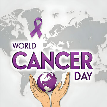 world cancer day writing with purple ribbon and globe images