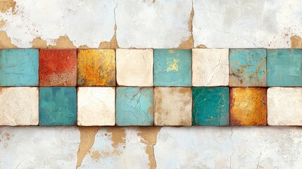 Poster - Colorful Textured Mosaic Tiles with Weathered Surface on a Rustic Background for Home Decor or Design Projects