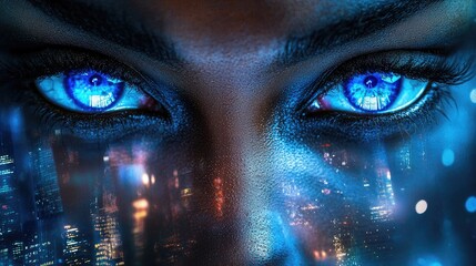 Aufkleber - A striking close-up of a persons face showcasing luminous blue eyes reflecting a bustling cityscape, symbolizing a blend of beauty and urban life in an artistic vision.