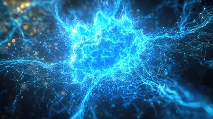 Leinwandbilder - This abstract image features a glowing blue digital background filled with particles and connected lines, symbolizing technology and network concepts in a modern and arti