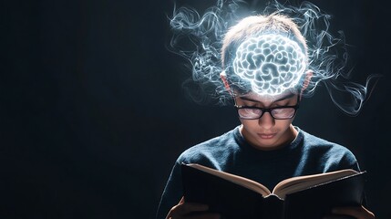 Poster - A boy is reading a book with a brain on the cover