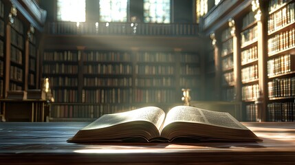 Poster - An open book rests on a table, surrounded by a softly blurred background of library shelves. The image evokes a sense of knowledge, education, and quiet exploration.