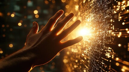Leinwandbilder - A hand reaches towards a bright light against a digital network backdrop, symbolizing innovation and connection in a modern technological world. The image captures energy