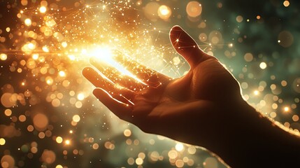 Leinwandbilder - A hand reaches towards a bright light against a digital network backdrop, symbolizing innovation and connection in a modern technological world. The image captures energy