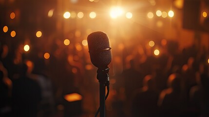 Aufkleber - A close-up view of a microphone set against a blurred audience in a conference setting, showcasing the anticipation for a main event or presentation ahead.