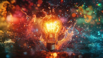 Leinwandbilder - A striking image featuring a glowing light bulb amidst colorful water explosions, creating a vibrant visual concept symbolizing creativity and innovation in a dark settin