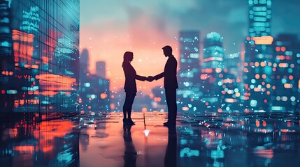 Aufkleber - A dynamic image illustrating two business professionals shaking hands with a vibrant city skyline overlay, representing partnership and collaboration in a modern corporat