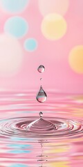Poster - Stunning Water Droplet Creating Ripples on Colorful Background with Soft Bokeh Effect and Reflections