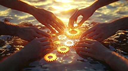 Poster - Hands connect gears in a stunning sunset, symbolizing teamwork and innovation. The warm light reflects on water, creating a sense of unity and creativity.