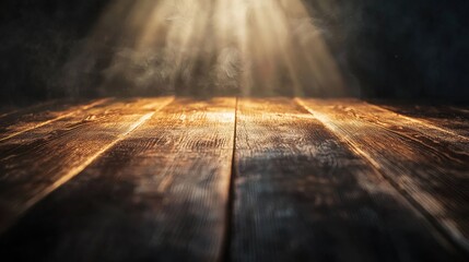 Poster - Captivating wooden table surface highlighted by dramatic light rays in a dark atmosphere, ideal for creating striking backgrounds or showcasing products and designs.