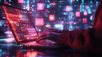 Fototapete - A person engaged in typing on a sleek laptop, surrounded by floating digital icons symbolizing security and technology, portraying a modern workspace scenario.