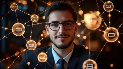Fototapete - A businessman interacts with a smartphone displaying virtual network icons, highlighting digital trends and modern communication methods in a connected environment.