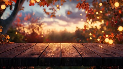 Leinwandbilder - A stunning wooden table set against a vibrant autumn landscape, featuring colorful leaves and soft lights, perfect for showcasing seasonal products or creative ideas.