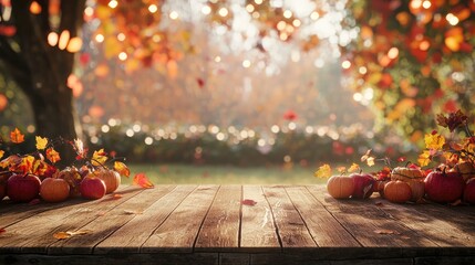 Fototapete - A stunning wooden table set against a vibrant autumn landscape, featuring colorful leaves and soft lights, perfect for showcasing seasonal products or creative ideas.