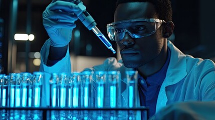 Poster - A focused scientist prepares for experimentation in a modern laboratory by using a pipette to transfer blue liquid into test tubes, showcasing meticulous research practic