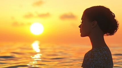 Aufkleber - A serene silhouette of a woman reflects a vibrant sunset over the ocean, creating a dreamy atmosphere that evokes tranquility and inspires creativity. Perfect for artisti