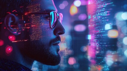 Leinwandbilder - A striking profile image of a man with glasses, featuring a vibrant cityscape and digital data overlay, symbolizing modern technology and innovative thinking.