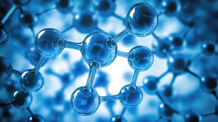 Fototapete - This image depicts an abstract molecular structure with interconnected atoms, emphasizing the dynamic relationships within a scientific context, featuring appealing blue