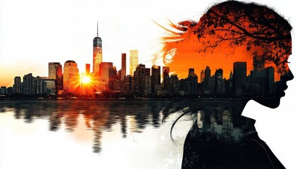 Aufkleber - A stunning double exposure artwork featuring a woman s silhouette merging with an urban skyline at sunset, capturing the beauty of nature and city life in perfect harmony