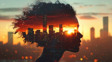 Aufkleber - A stunning double exposure artwork featuring a woman s silhouette merging with an urban skyline at sunset, capturing the beauty of nature and city life in perfect harmony
