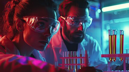 Poster - Two scientists wearing protective gear engage in serious research within a modern laboratory, focusing on analysis and experimentation with test tubes and equipment.