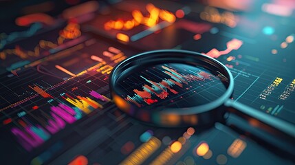 Poster - A close-up view of a magnifying glass placed on financial documents featuring colorful graphs. This image captures the essence of analysis and productivity in a modern of