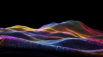 Poster - A mesmerizing digital abstract wave filled with colorful dots and lights creates an enchanting visual experience against a dark backdrop, showcasing modern art and techno