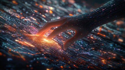 Leinwandbilder - A visionary representation of a hand reaching for glowing light amidst a digital landscape filled with data connections, symbolizing innovation and the future of technolo