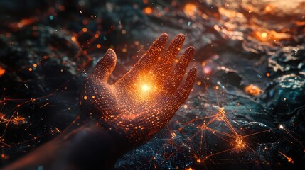 Leinwandbilder - A visionary representation of a hand reaching for glowing light amidst a digital landscape filled with data connections, symbolizing innovation and the future of technolo