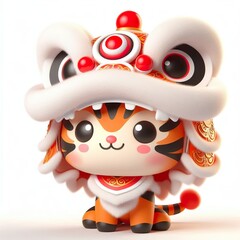 Wall Mural - 3D Adorable cartoon Tiger in a lion dance costume