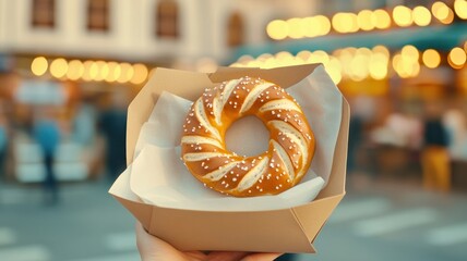 Handheld Pretzel Delight Food Market Snack Photography Urban Setting Close-Up View Culinary Experience